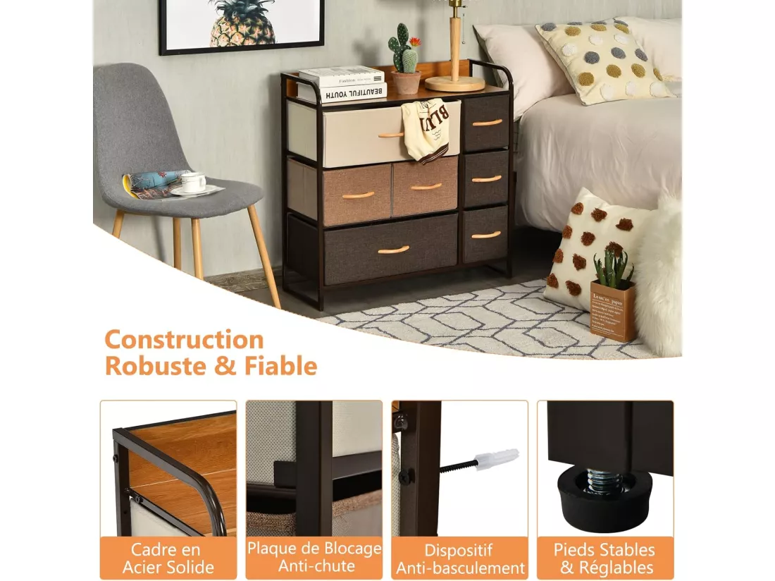 Commode à 7 Tiroirs en Tissu, Poignée en Bois et Cadre en Acier, Meuble de Rangement 80 x 29 x 79 cm (L x l x H ) Structure en Acier Robuste, Kit Anti-basculement Inclus