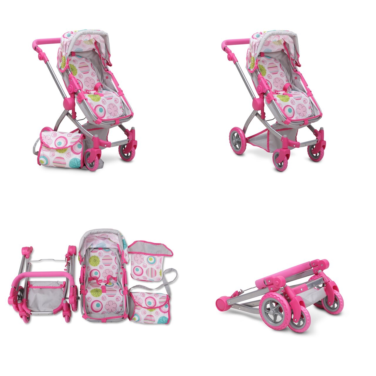 Puppenwagen pink Rose 9651B, verstellbarer Schiebegriff, Sonnendach, Tasche