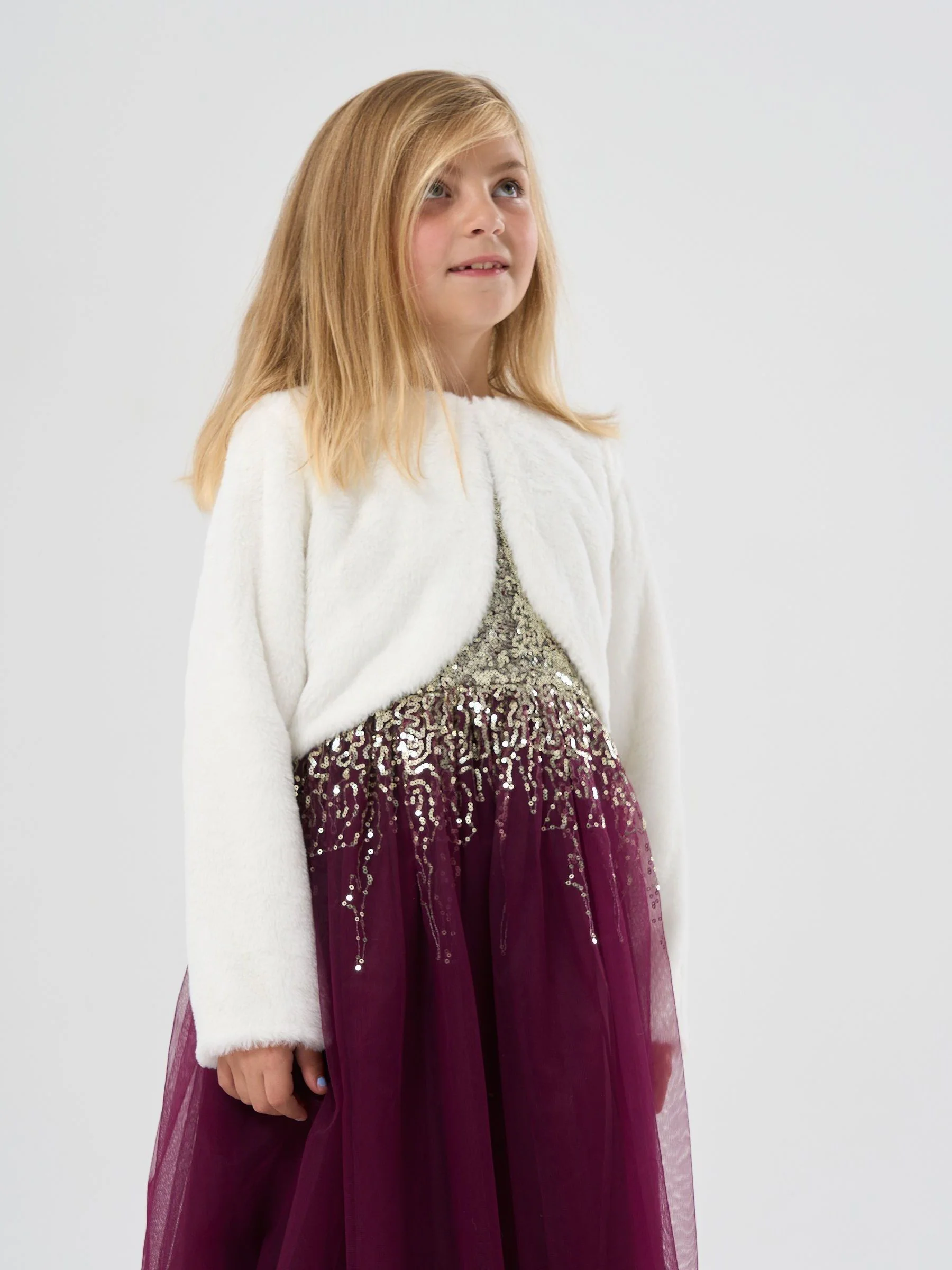Miss Pailletten watervaljurk met faux fur bolero outfit set