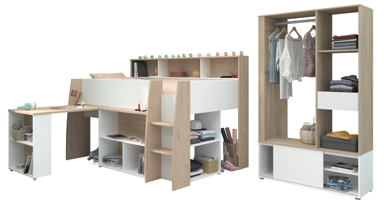 2-teiliges Hochbett-Set LUCAS - weiß - Japanische Eiche - mit offenem Kleiderschrank