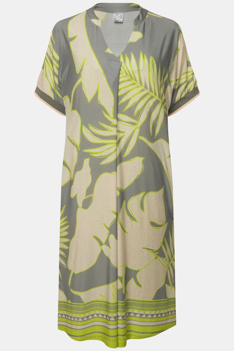 Jerseykleid, XL Blätter-Print, V-Ausschnitt, Halbarm