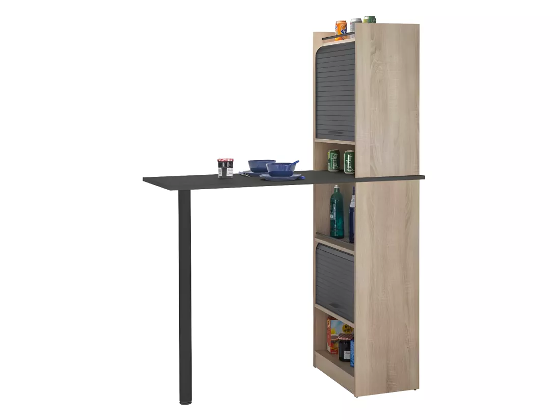 Table comptoir de cuisine + Meubles rangement Noir/Chêne - LUFAY