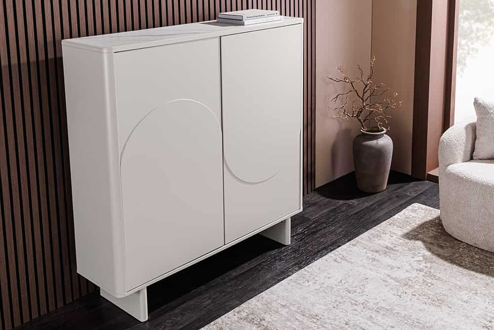 Design Highboard SAVOY 130cm kaschmir weiß Marmor Keramik mit Stauraum und 3D-Front