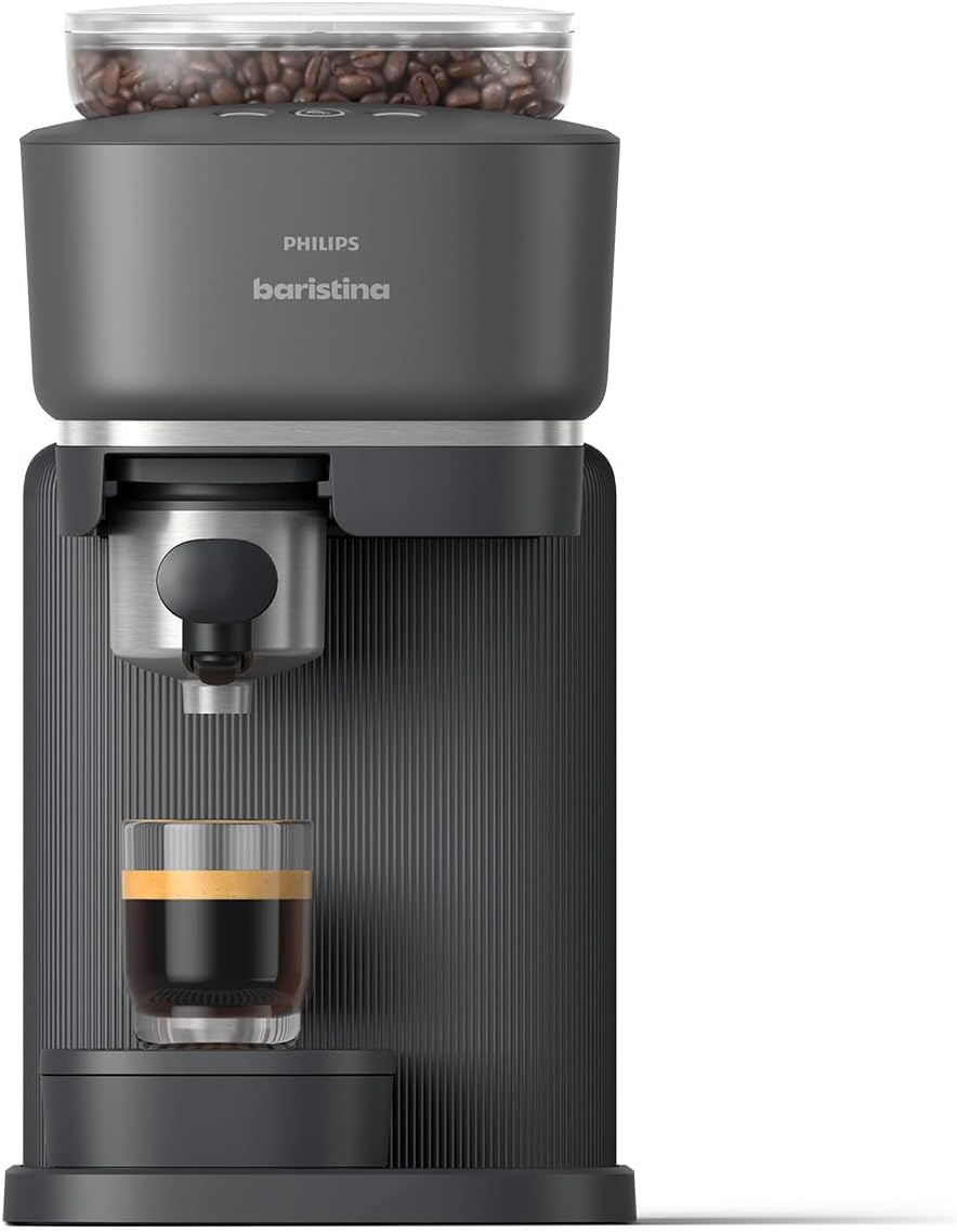 Baristina Espressomaschine - Real Espresso- made simple. Kompakte Kaffeemaschine- Schwarzgrau mit schwarzgrauem Siebträger- 16-bar-Pumpendruck- automatisches Mahlwerk- Cafe Crema (BAR300/60)