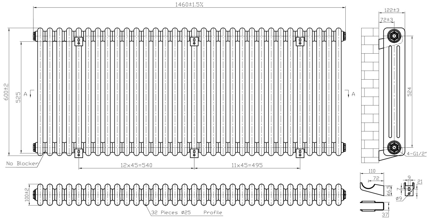 Eastbrook Imperia 3 koloms radiator 145x60cm 3024W zwart mat