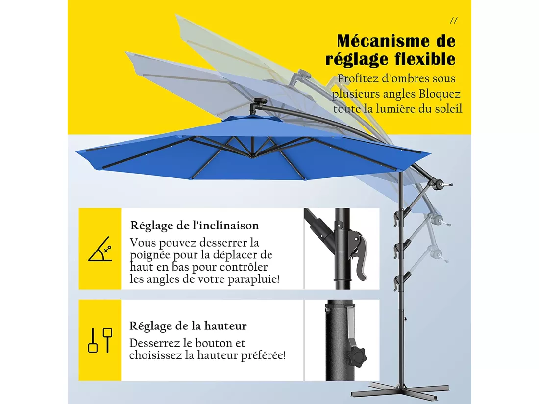 Parasol Déporté 3M Excentré avec 24 LED Lampe Solaire en Polyester Inperméable Hauteur 250CM avec 8 Baleines en Fer Jardin