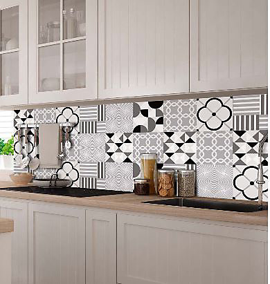 6 carreaux adhésifs motif grande fleur noire et blanche L.15 x H.15 x l.0,4cm