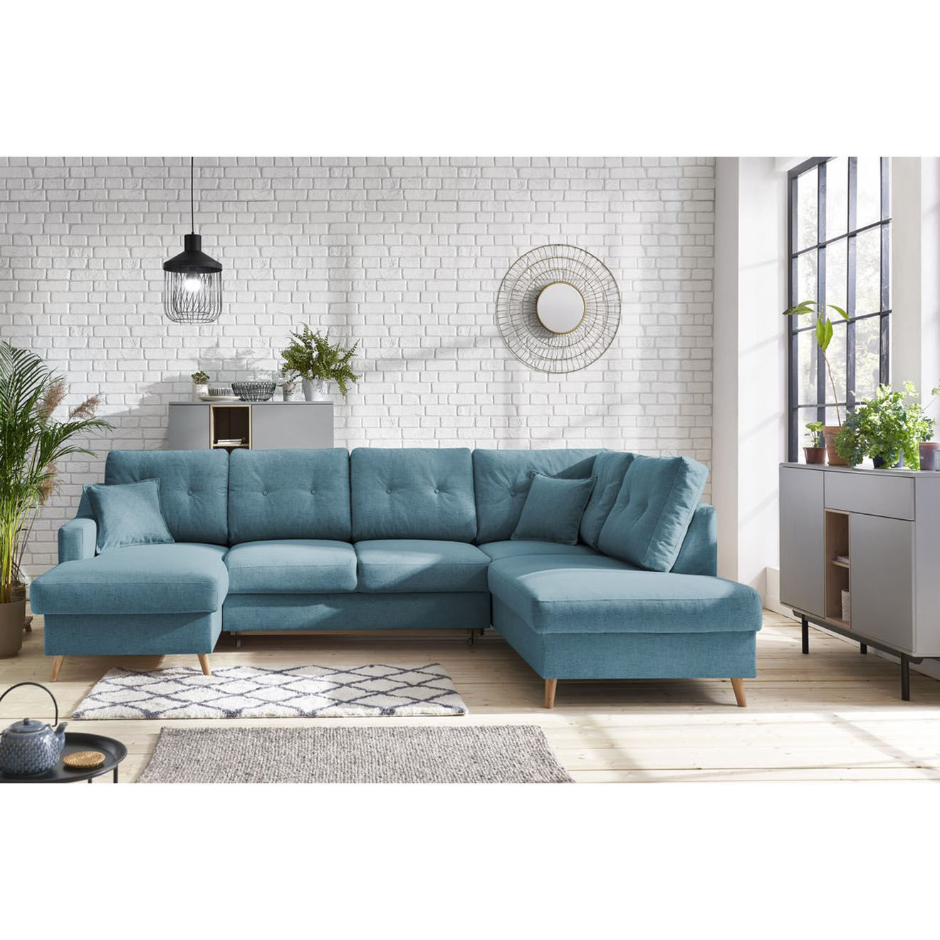 Bobochic Canapé d'angle panoramique convertible gauche Sweden bleu clair - 300x149/90/198x95 cm