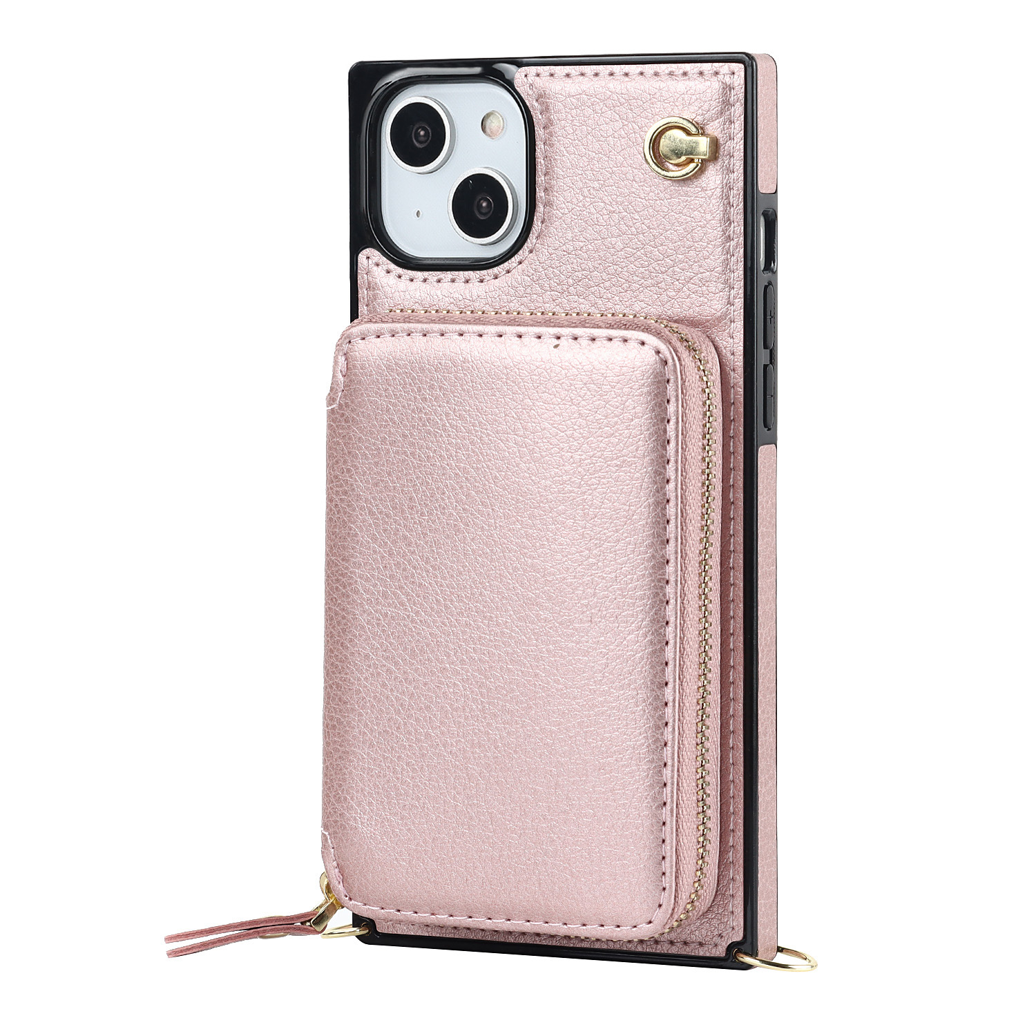 iPhone 14 Pro Necklace Leder Schutz Hülle mit Kartenfächer   Handykette (140cm) - Roségold