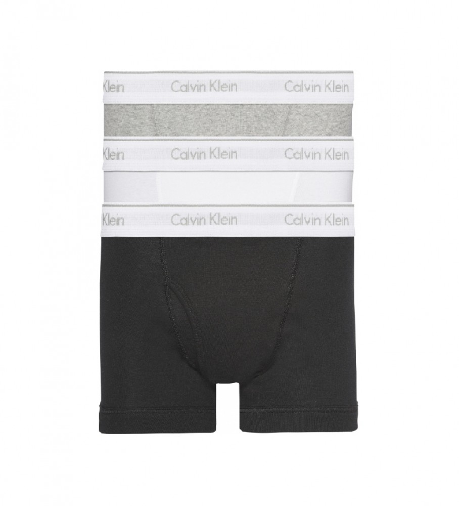 Conjunto de 3 cuecas boxer Calvin Klein nas cores cinza, branca e preta.
