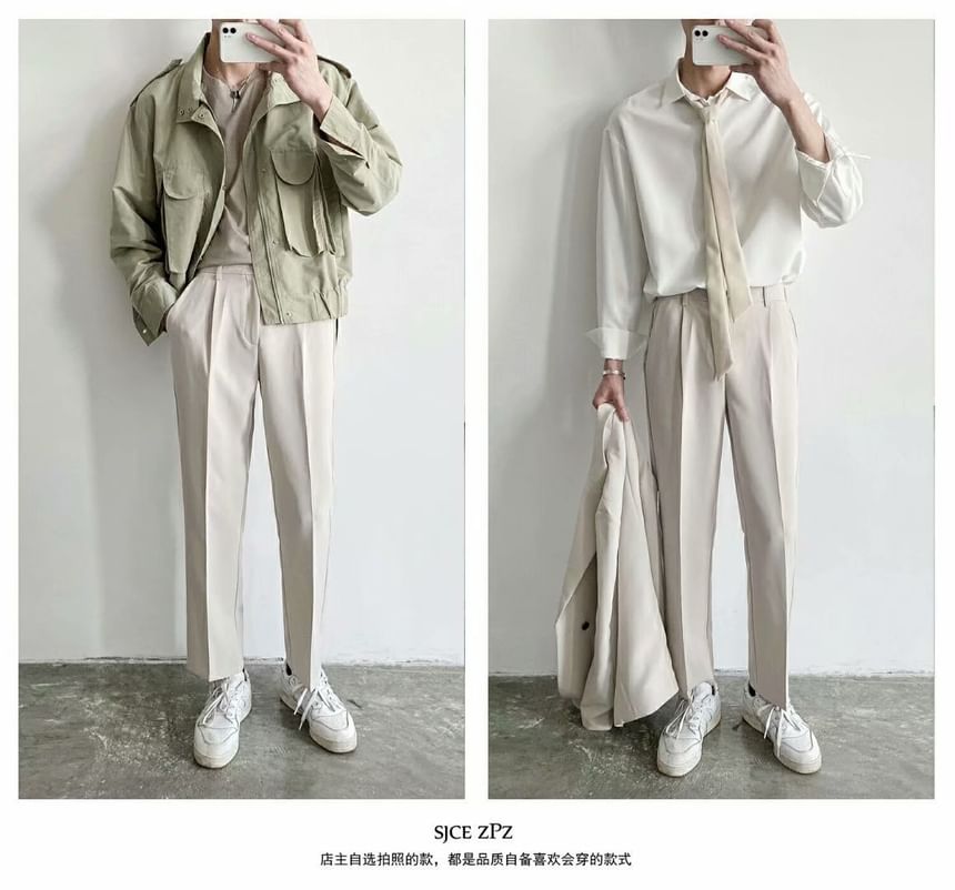 Acrius - Mid Rise Plain Cropped Straight Leg Dress Pants