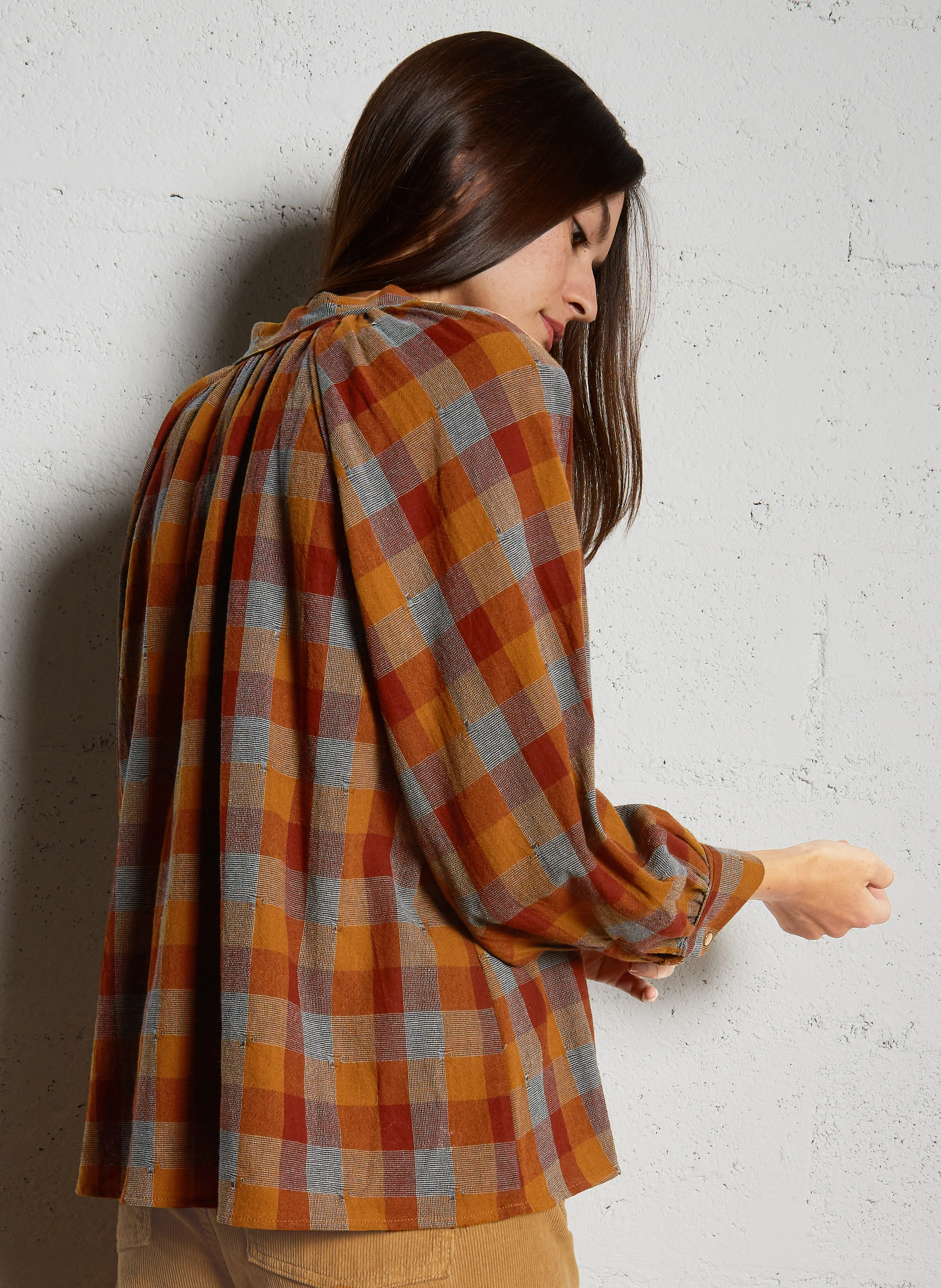 Blouse col rond droite en coton à carreaux | Multicolore