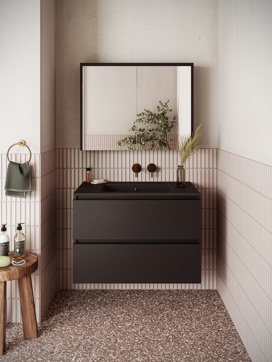 Fontana Rovigo badmeubel 80cm zwart mat met zwarte wastafel zonder kraangat en spiegelkast zonder verlichting