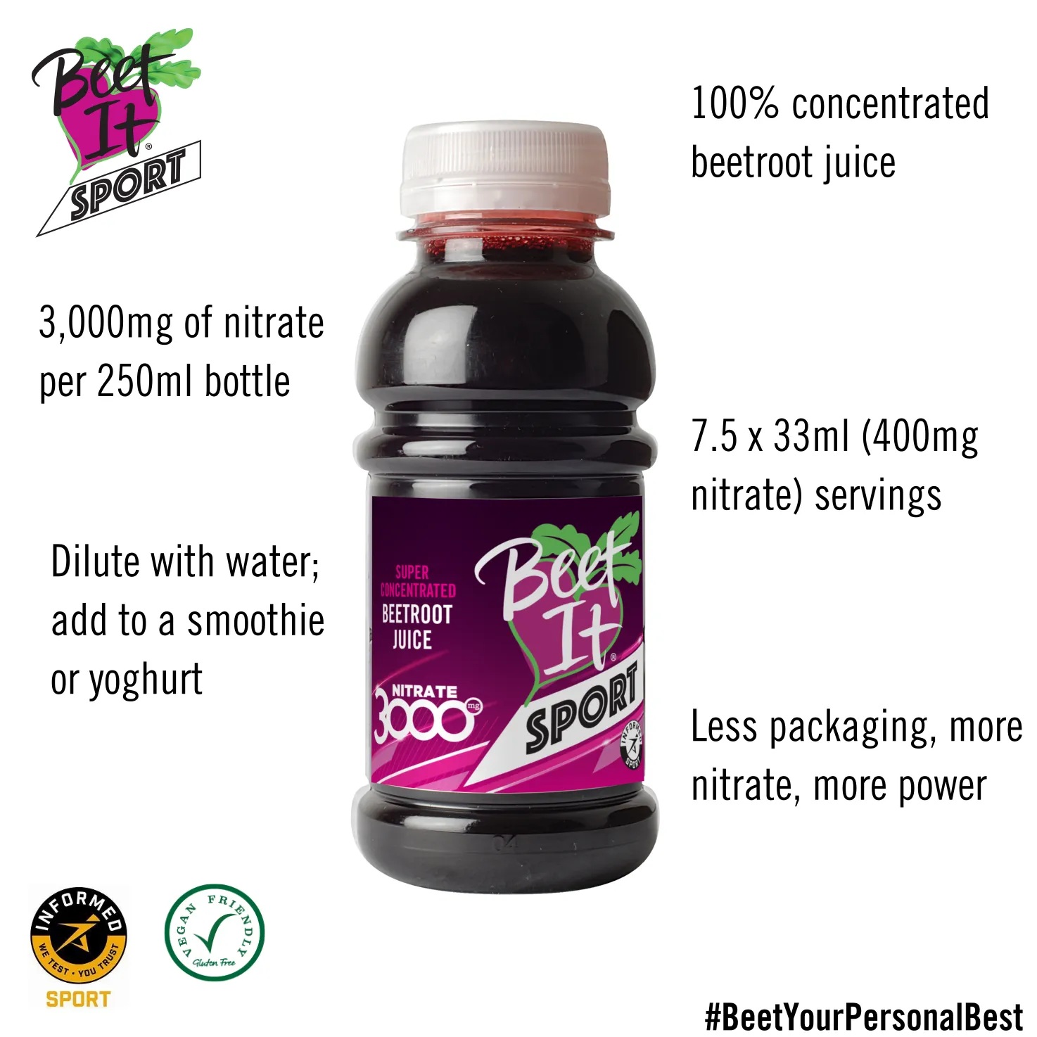 Beet It Sport Nitrate 3000 Konsentrat 250ml Stort flaske av den populære Beet It rødbetejuice-shoten