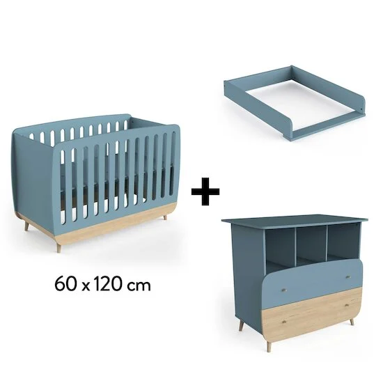 Firmiana Lit 60 x 120 cm+ Commode + Plan à Langer   Bleu Orage / Bois Naturel        de               CBA Meubles