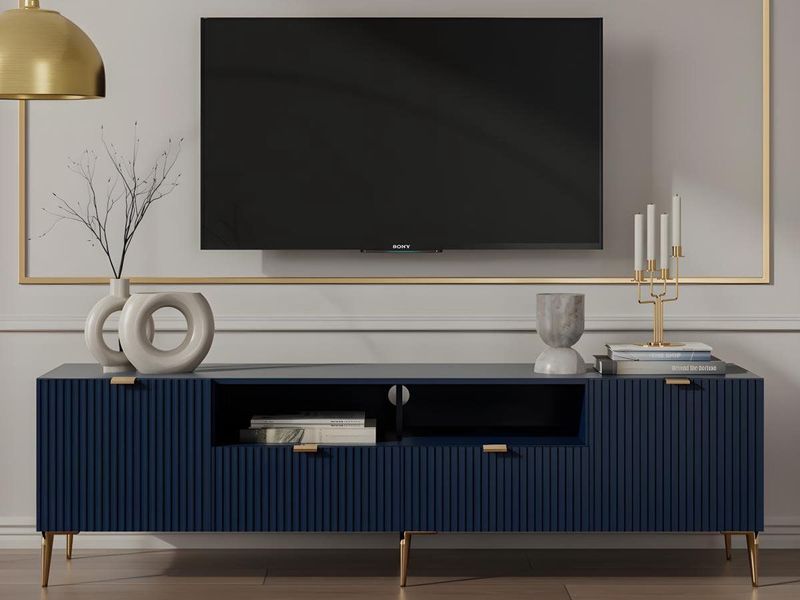 Vente-unique - YESINIA - Tv-meubel - Blauw en Goudkleurig - MDF en Staal