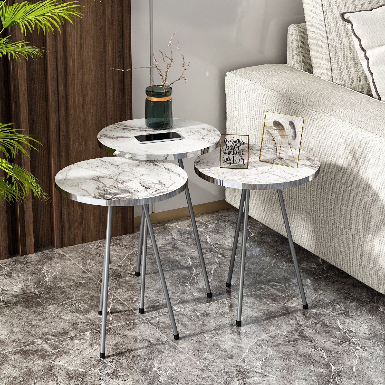 Beistelltisch 3er Set Marmoroptik Weiß 10696252