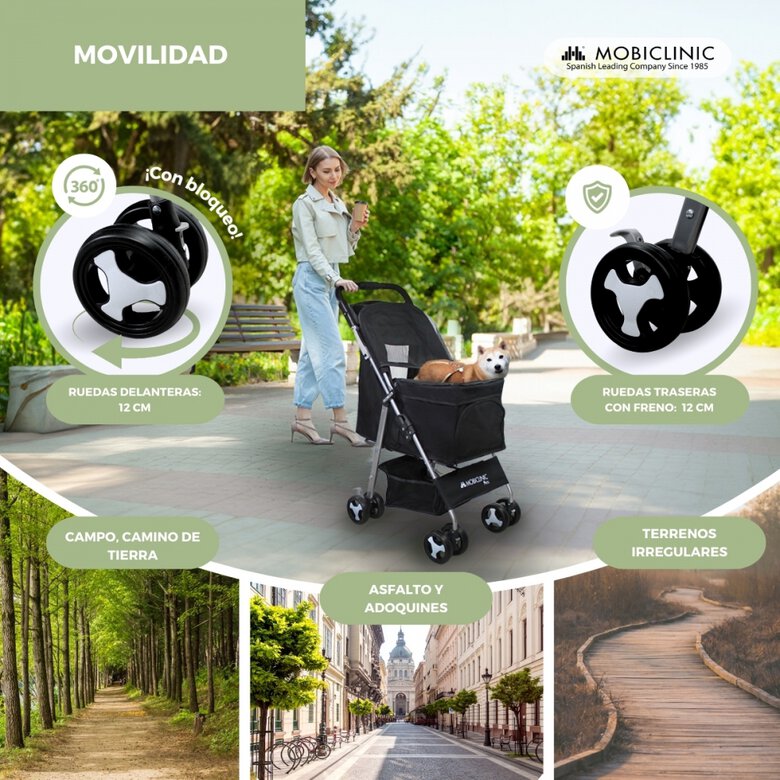 Carrinho para cães Mobiclinic com rodas com freio e rotação de 360°, 3 pontos de acesso, capota, cesto de armazenamento e porta-copos, preto.