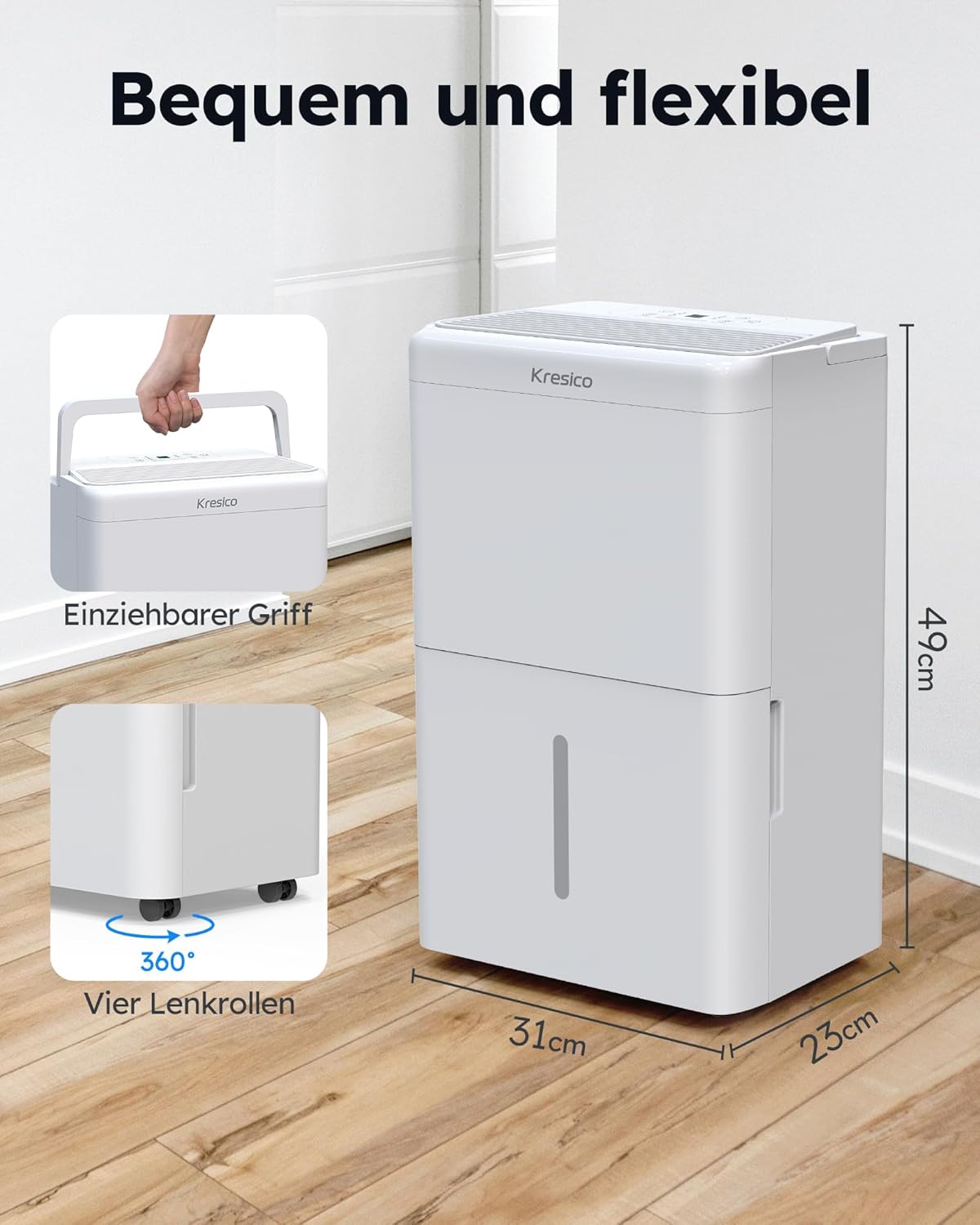Luftentfeuchter elektrisch 20L, Entfeuchter elektrisch, Luftentfeuchter Keller für Räume bis zu 150m³/50m², Raumentfeuchter elektrisch 39dB mit Ablaufschlauch, Filter, Timer, 10 J. Gar.