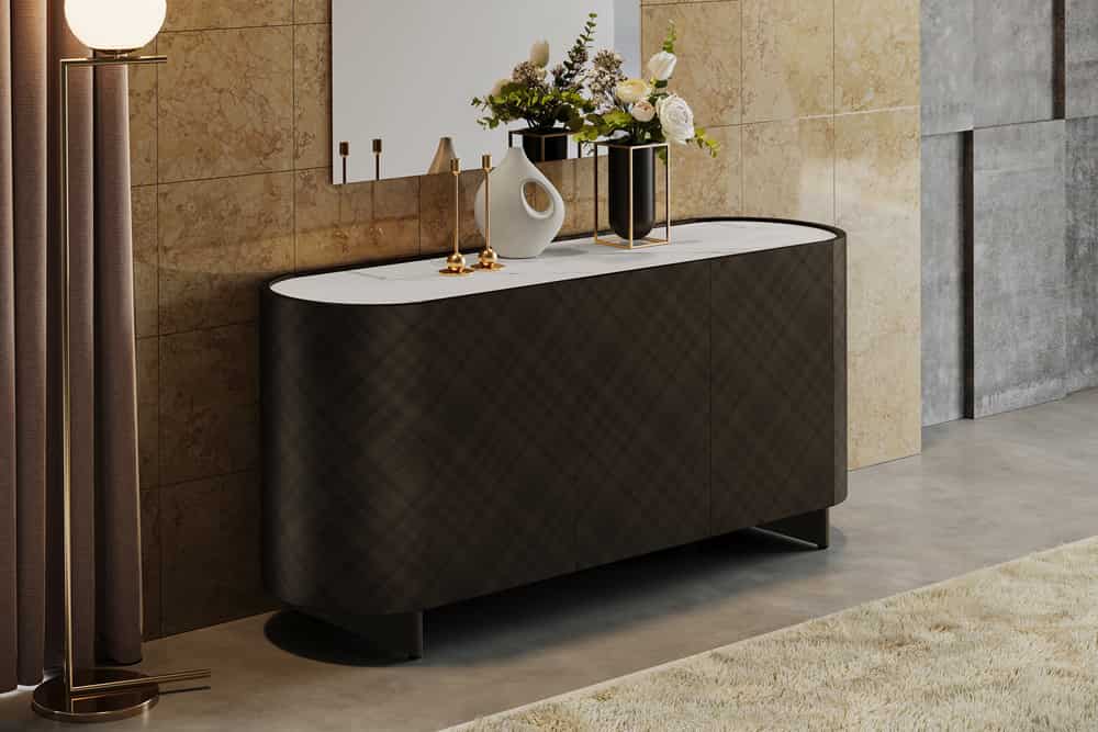 Design Sideboard REFLECTION 150cm weiß Keramik Marmor bronze 3D Effekt brushed Finish