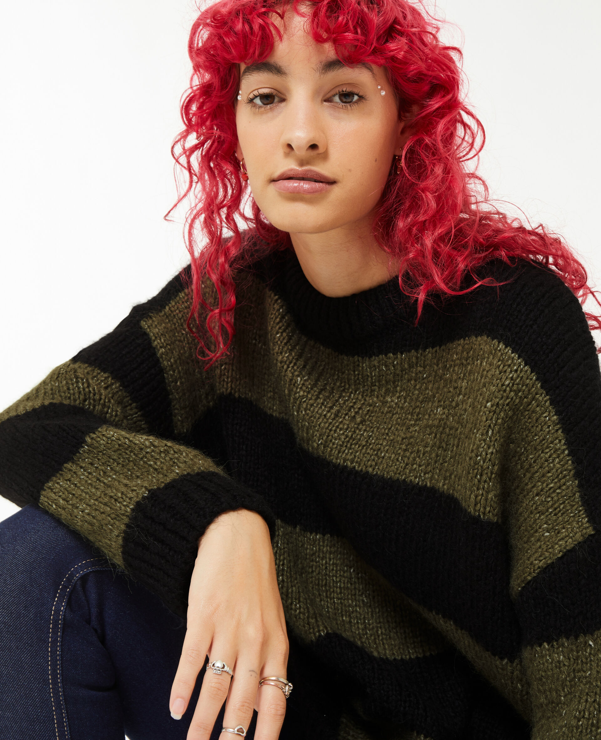 Pull oversize à rayures - Vert kaki