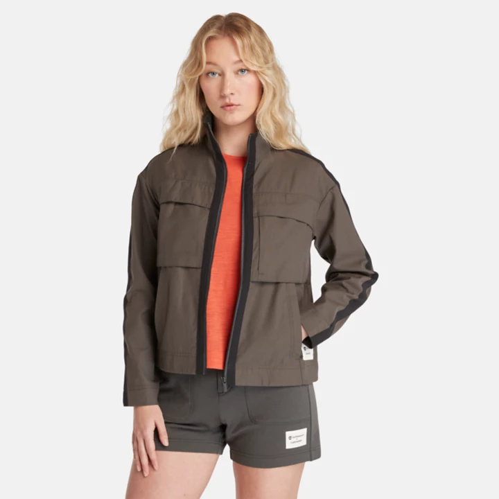Jaqueta feminina Timberland x Icebreaker em algodão merino cinza escuro.