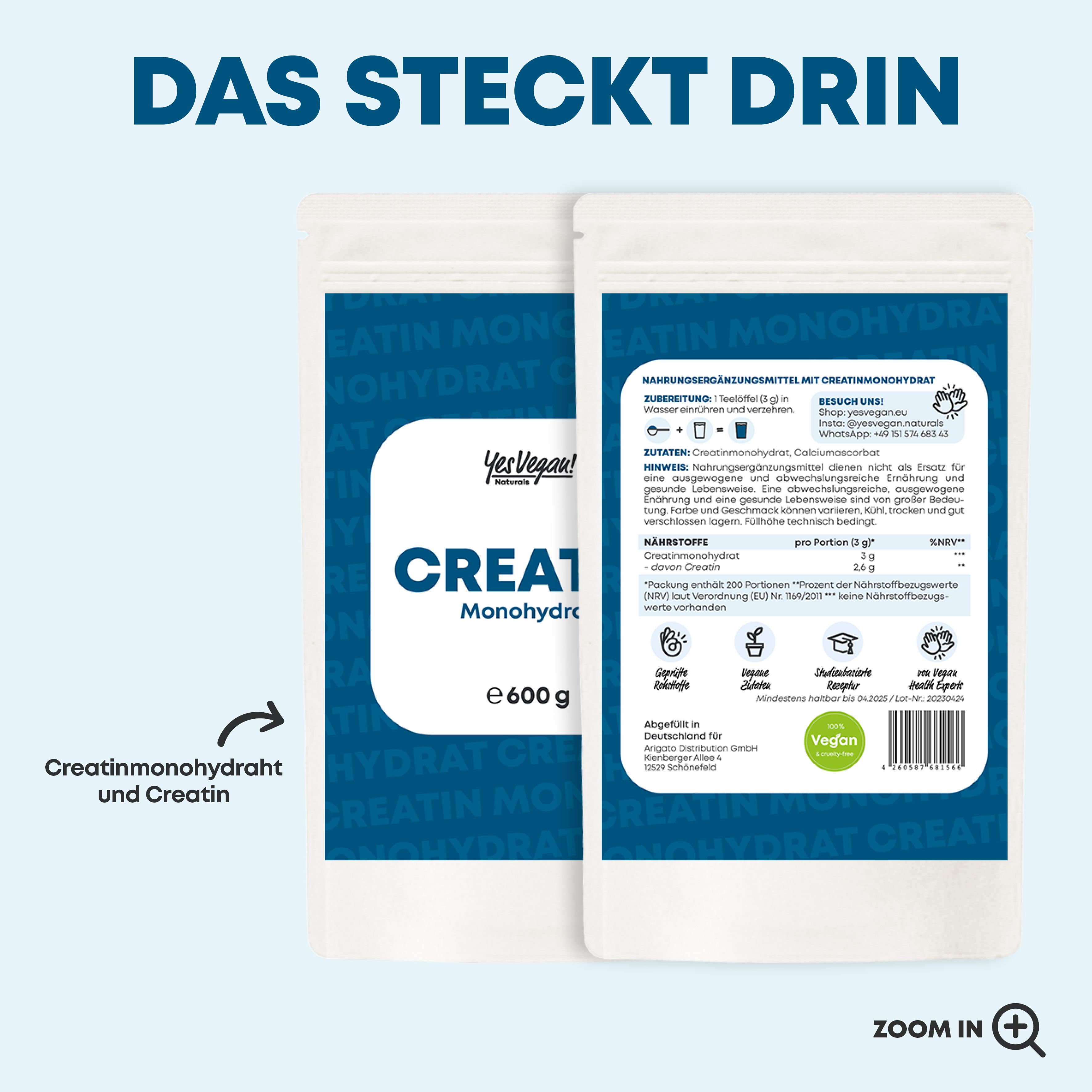 Yes Vegan®  Creatin Monohydrat Pulver (600g) - Kreatin Pulver vom Markenhersteller