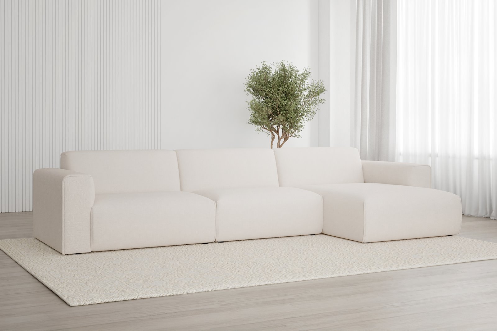 Monaco Lux 3-seter med XL sjeselong høyre Tekstil Fjord 1 Ivory med sorte ben. Lux komfort.