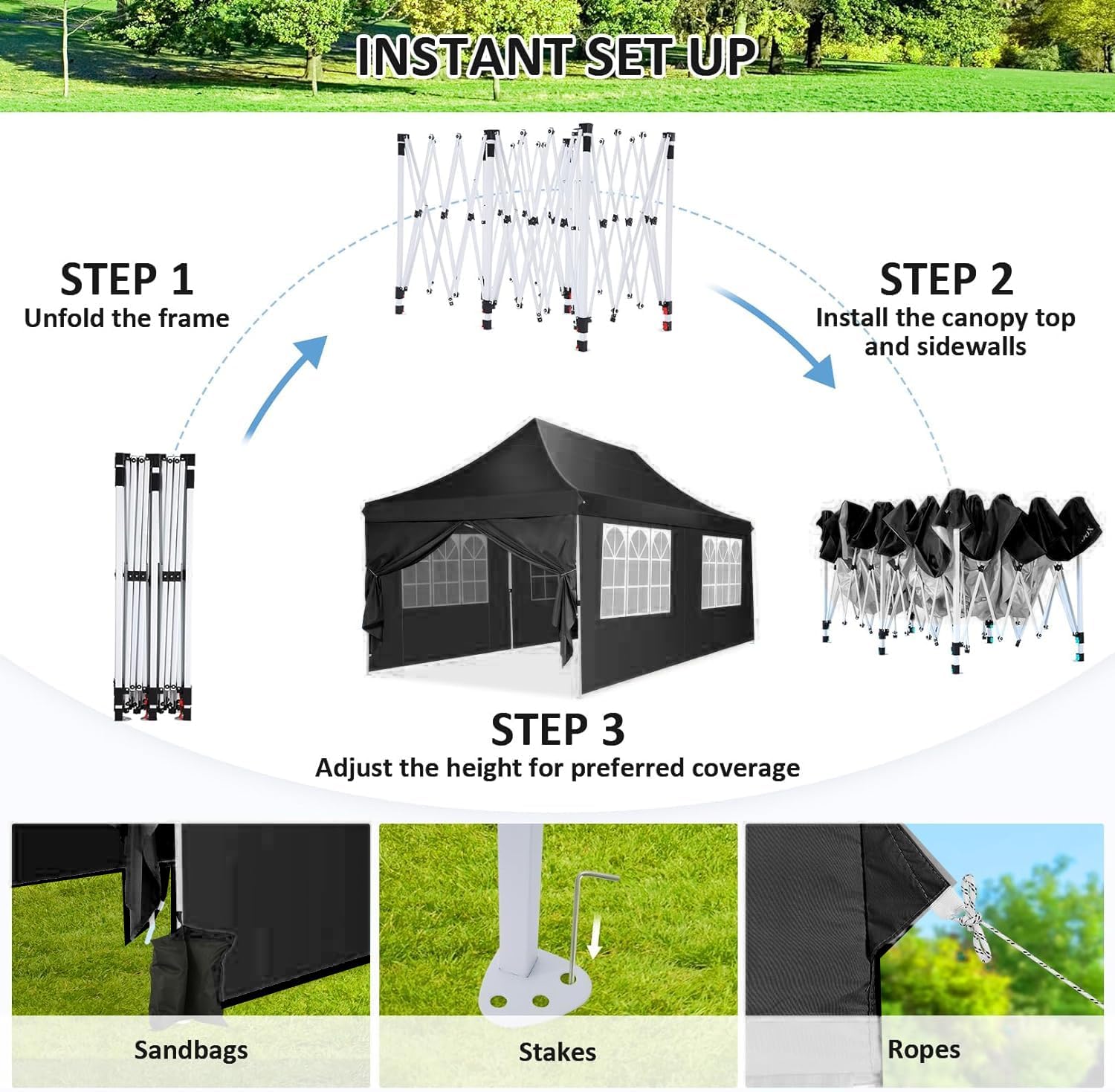 COBIZI Faltpavillon 3X6, Pavillon 3x6m Wasserdicht Stabil Winterfest, Faltbar Partyzelt mit 6 Seitenwänden & 4 Sandsack Pop up Gartenpavillon Anti-UV für Hochzeiten, Freien, Schwarz