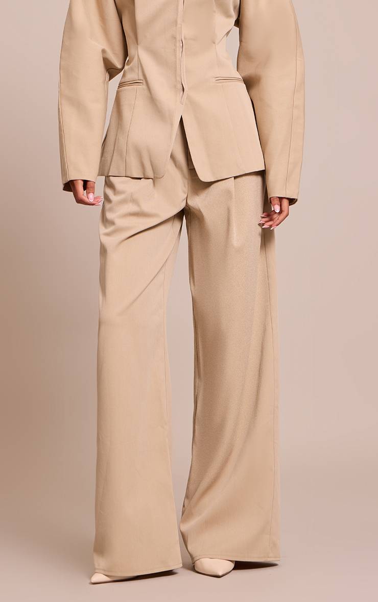 Sable Pantalon Taille Haute À Jambes Larges Avec Plis Devant En Tissu Tissé Premium Ensemble Coordonné