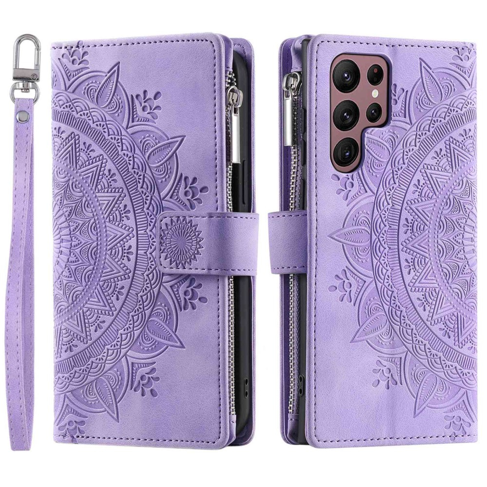 Samsung Galaxy S23 Ultra 5G Leder Tasche Flip Cover mit Reissverschluss - Mandala Flowers Imprint - Lila
