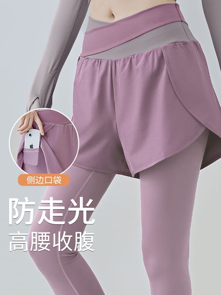 FAYE - Mid Rise Mock Two-Piece Two Tone Yoga Leggings