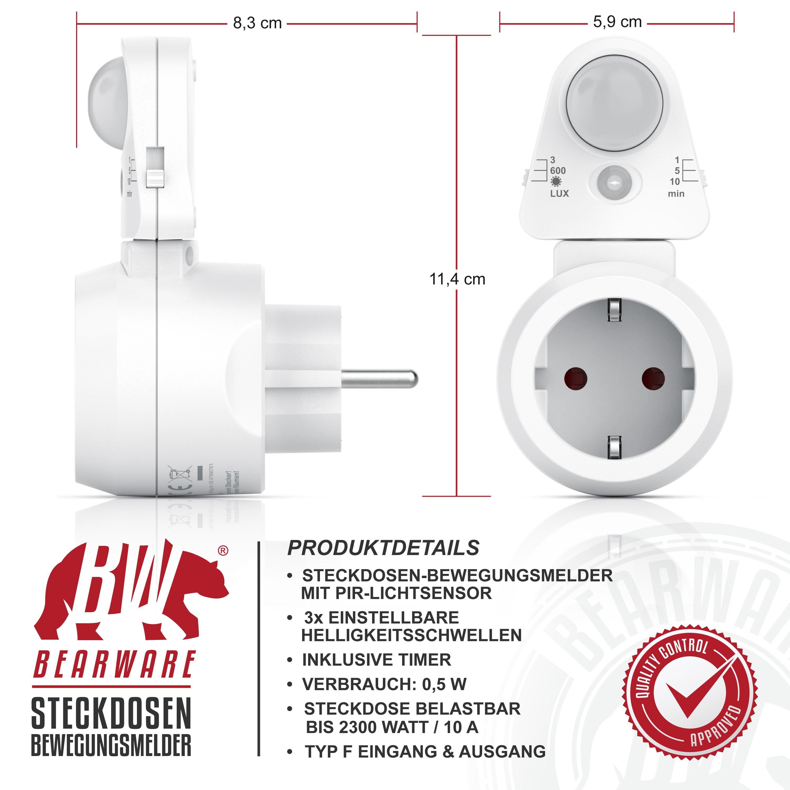 BEARWARE Steckdosen Bewegungsmelder mit Timer - Zeitschaltuhr digital - Lichtsensor 3, 600, 1200 Lux - PIR Infrarotsensor Bewegungssensor