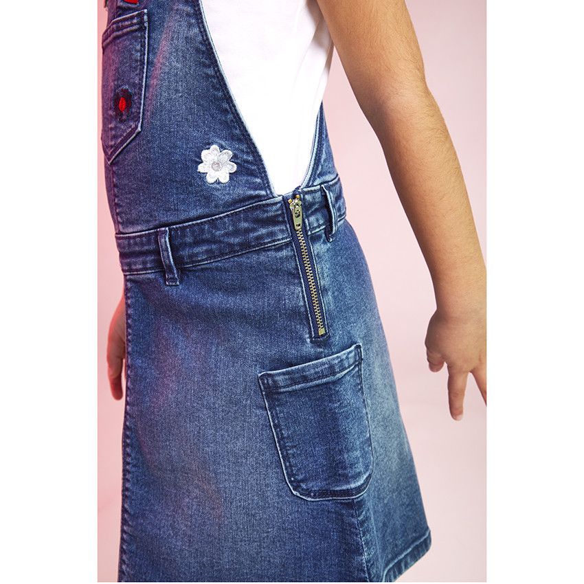 Robe salopette en jean avec broderies pour fille - Bleu