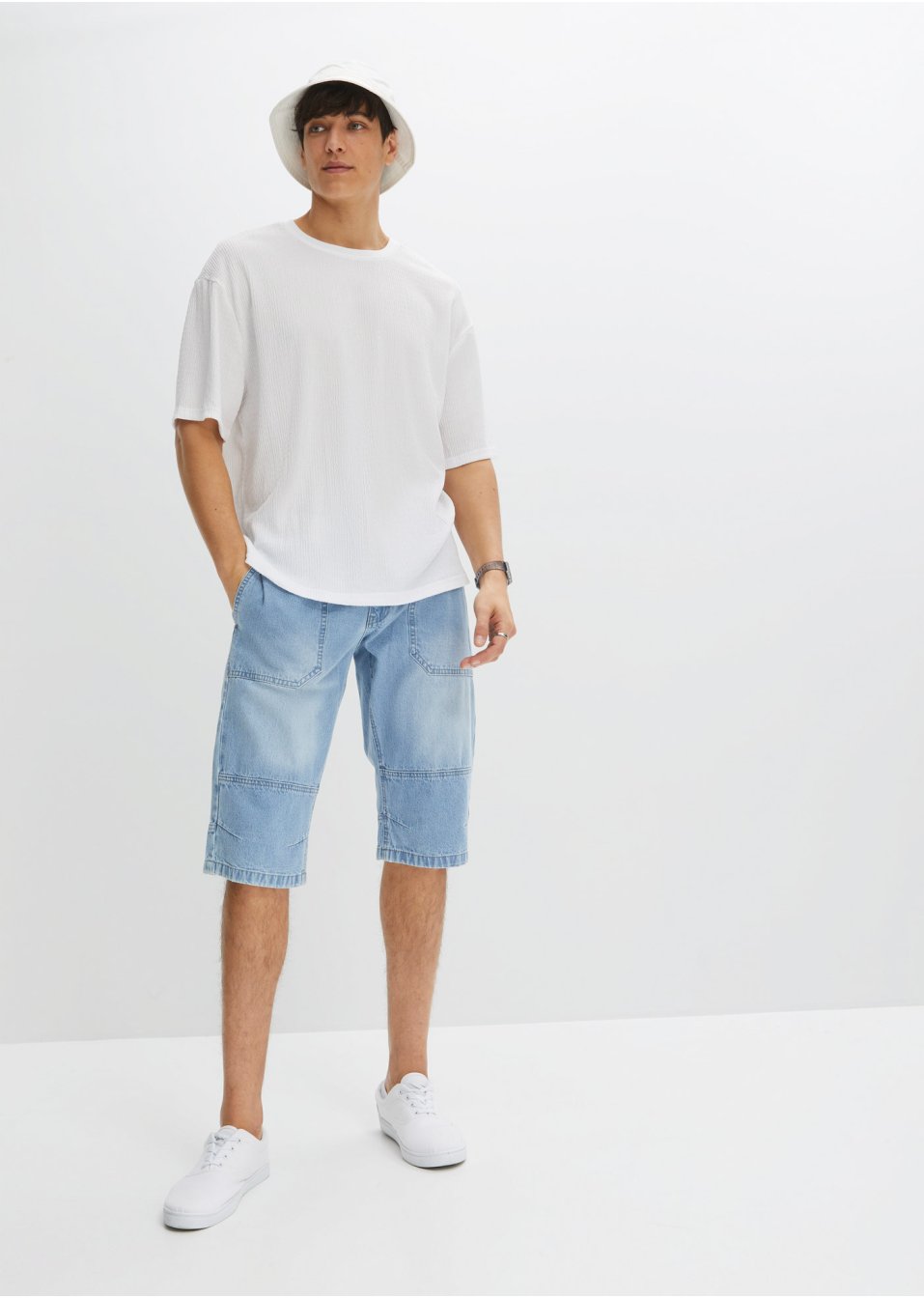 Bermuda long en jean taille extensible, Loose Fit
