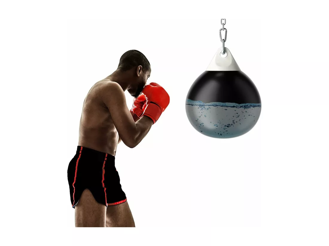 Sac de Frappe à Eau 45 x 58 cm avec Chaîne Métallique Réglable Charge Max 50KG, Entraînement Professionnel et Débutant avec Boucles d’Assurance, Fitness pour Maison Gym (Noir)