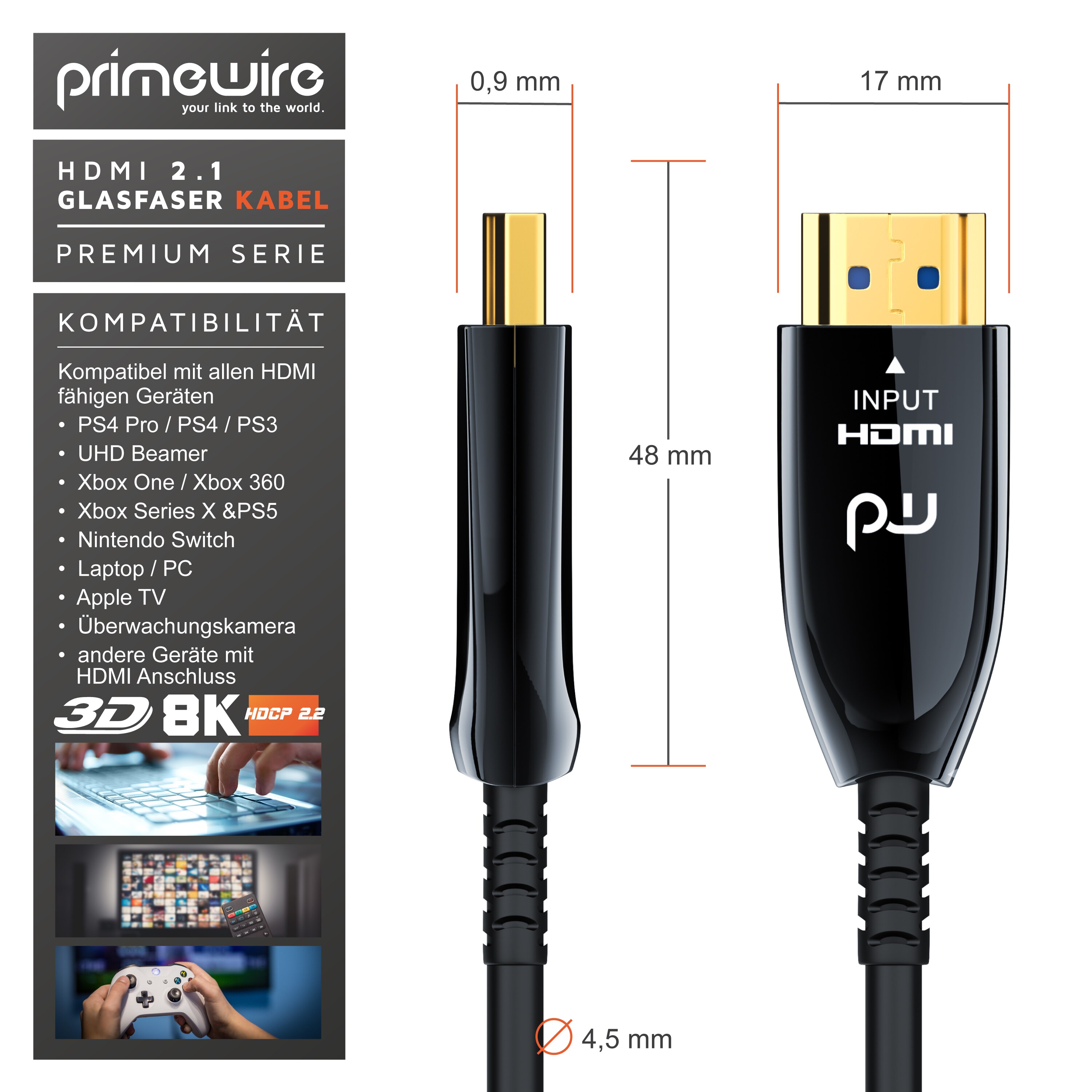 Primewire - HDMI Kabel 2.1 Glasfaser, 8K 120Hz, 4k 240Hz, optisches Kabel, HDR10+ 3D eARC CEC, HDCP 2.3 HDMI Kabel Ultra High Speed, Glasfaserkabel - 15m