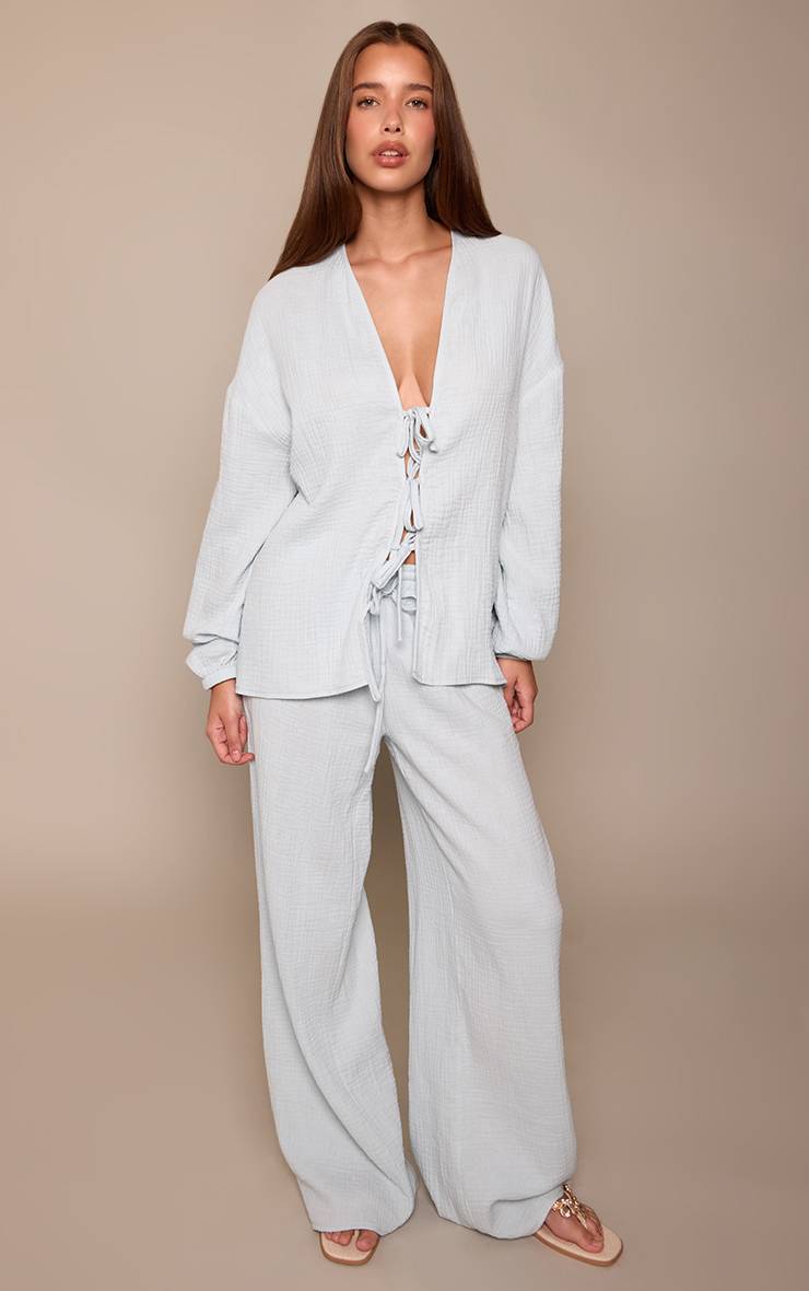 Bleu Ensemble Coordonné Pantalon Large En Coton Gaufré Texturé