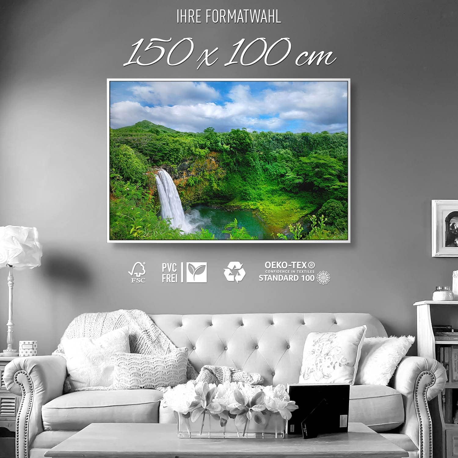 Wandbild Wasserfall Hawaii - 150cm x 100cm Leinwand auf 2cm Keilrahmen mit Schattenfugenrahmen weiß