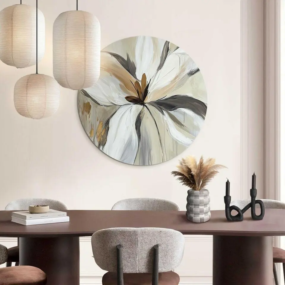 Glasschilderij Klassieke bloem - Ø 70cm - Beige