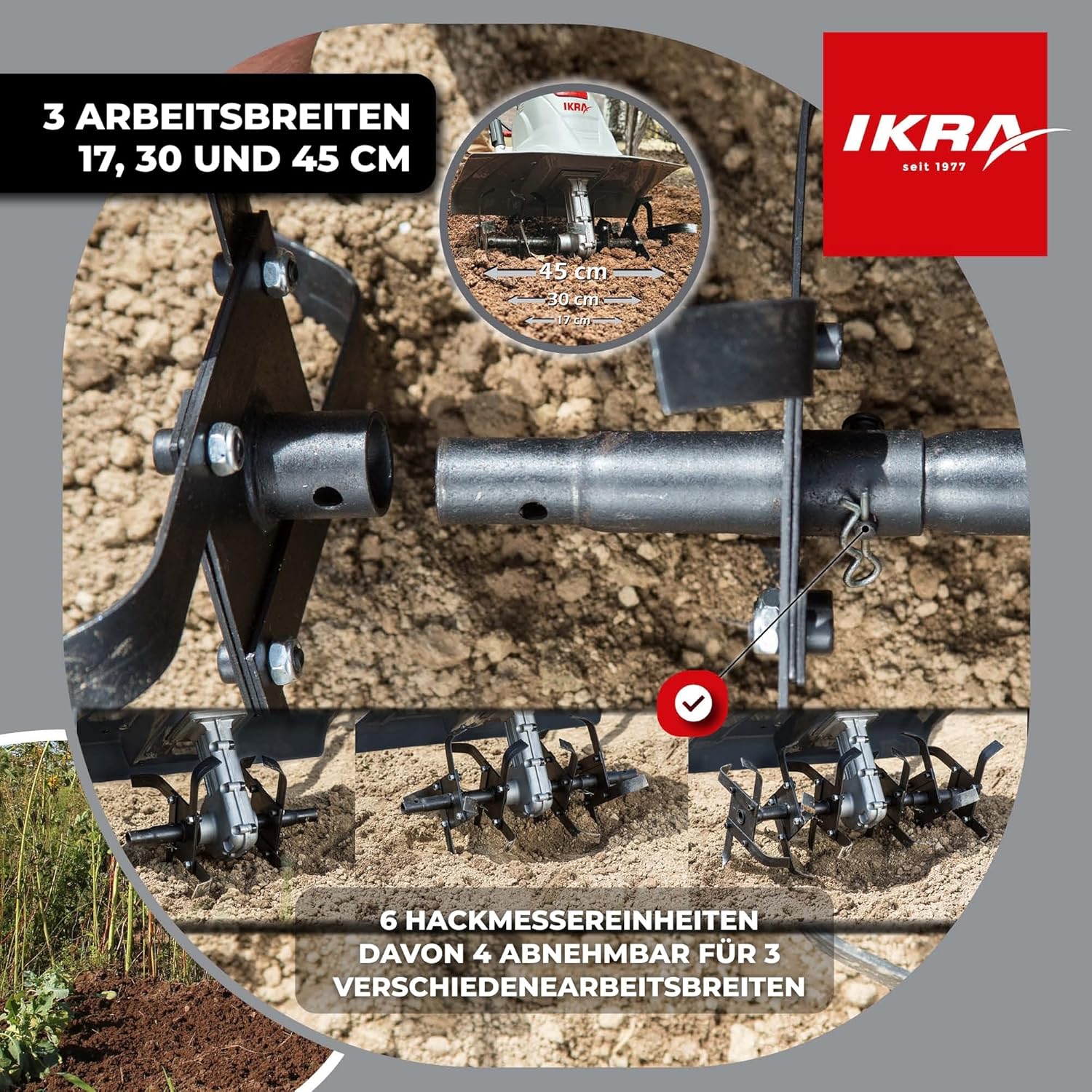 IKRA Elektro Bodenhacke Kultivator FEM 1500 Flexible Arbeitsbreite 17-45cm Arbeitstiefe bis 23cm Starke 1500W, inkl. Handgrubber
