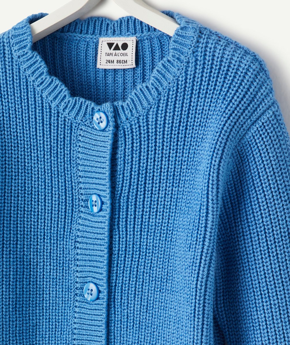 gilet en tricot bébé fille bleu en coton bio avec bords fantaisies