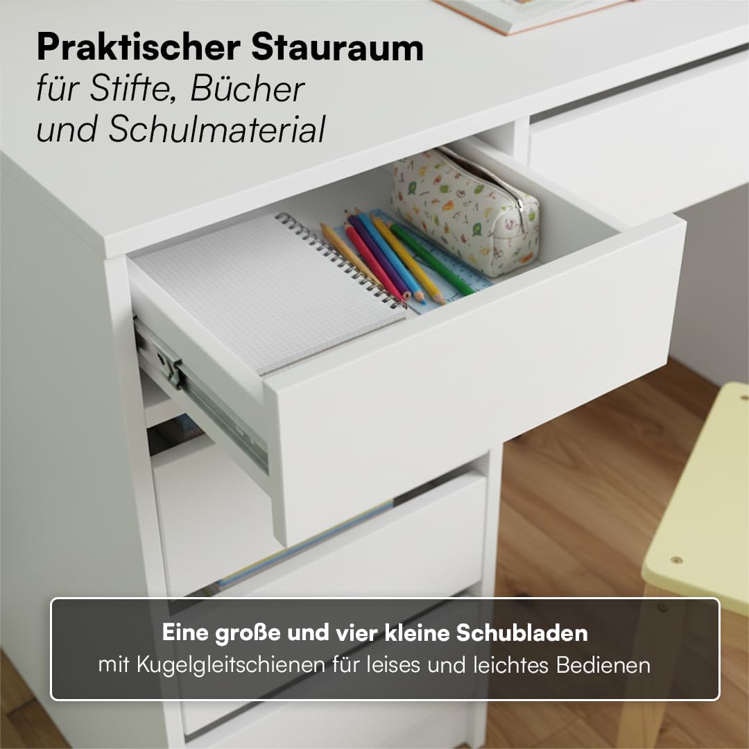 Bellabino Nore Kinderschreibtisch in Weiß mit 5 Schubladen - Jugendschreibtisch 110x53 cm - Schreibtisch Kinder ab 6 Jahren - Schülerschreibtisch mit Schubladen beidseitig montierbar für Kinderzimmer