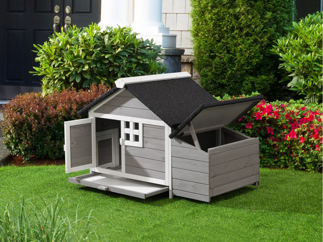 Poulailler en bois avec pondoir - 2 poules - L. 106 x P. 64 x H.71 cm - Blanc et gris - ANSER