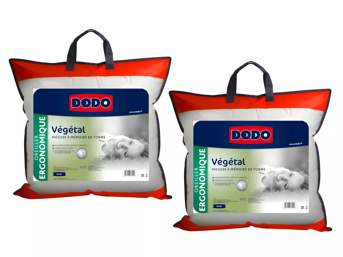 Lot de 2 oreillers DODO ergonomiques à mémoire de forme - 60x60 cm - VEGETAL