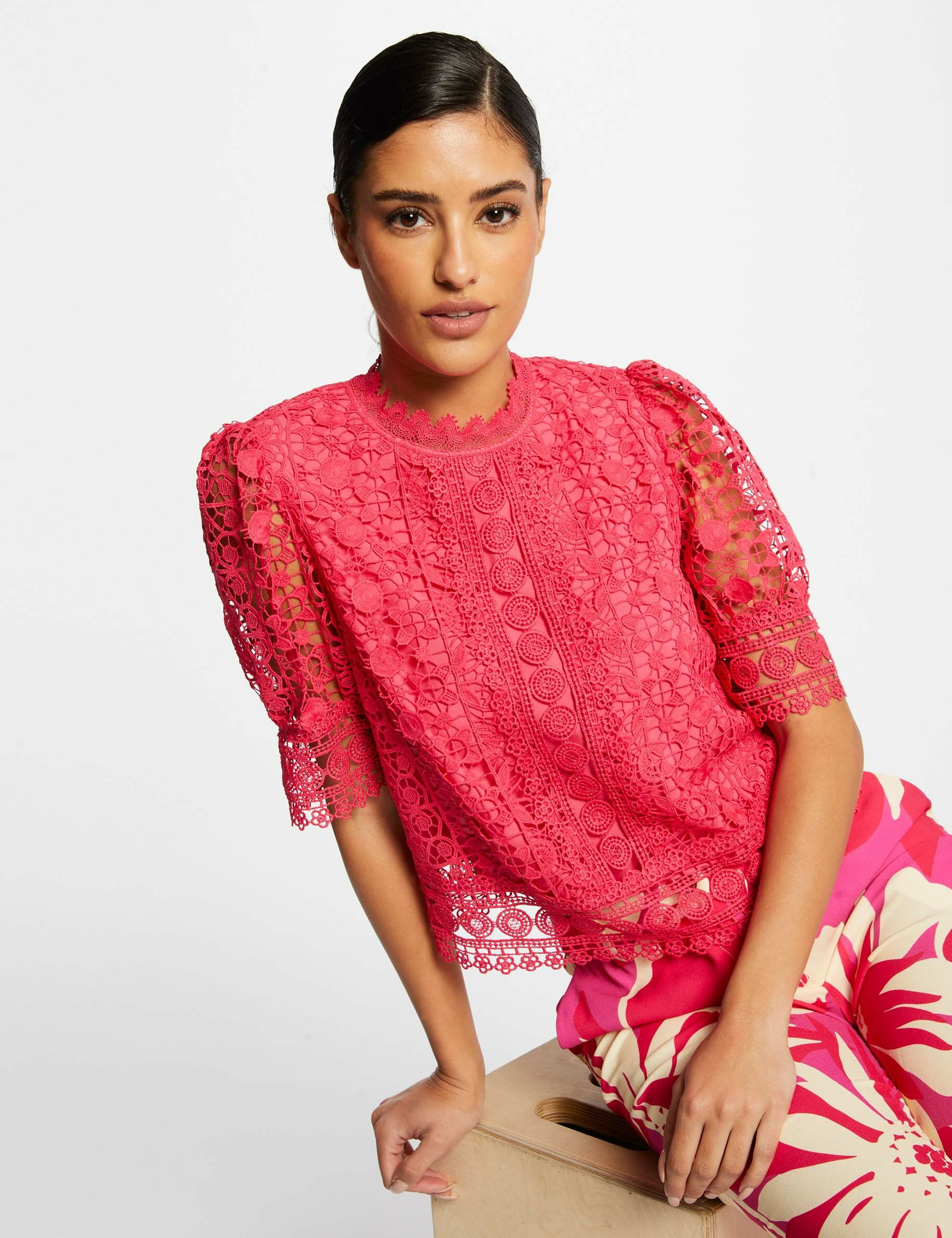 Blouse manches courtes en dentelle rose moyen femme - rose_moyen
