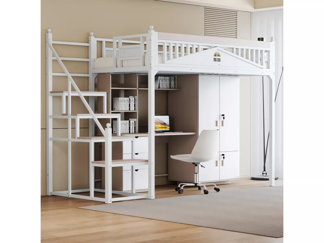 Lit mezzanine 90 x 200 cm avec escalier - Métal + Contreplaqué + MDF - Sommier à lattes - Blanc