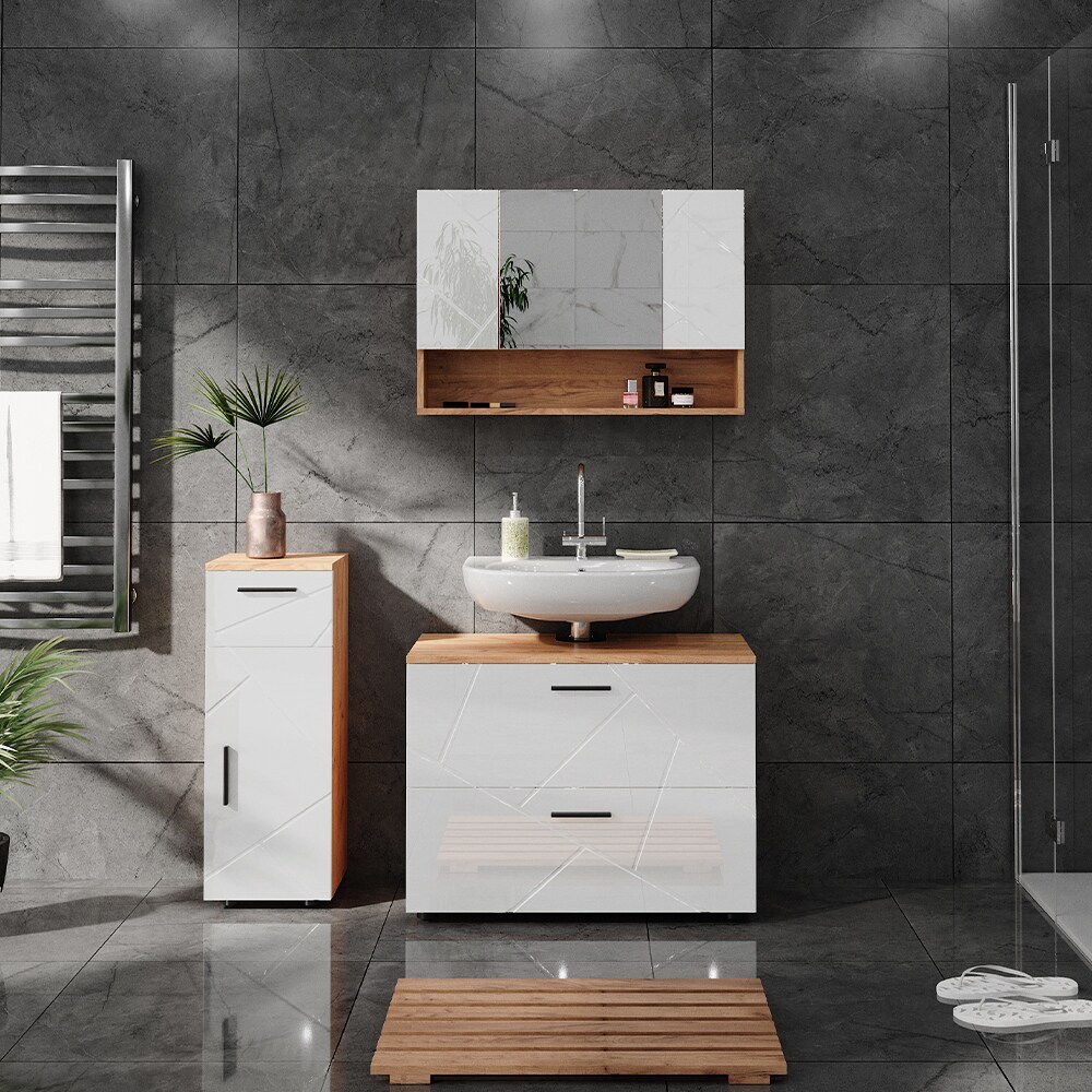 Vicco Badmöbelset Irma Eiche Weiß Hochglanz modern 80 cm 30 cm Badezimmerschrank Badschrank Badezimmermöbel Waschtischunterschrank Spiegelschrank Midischrank Schranktür Schrankfach Schrankschublade