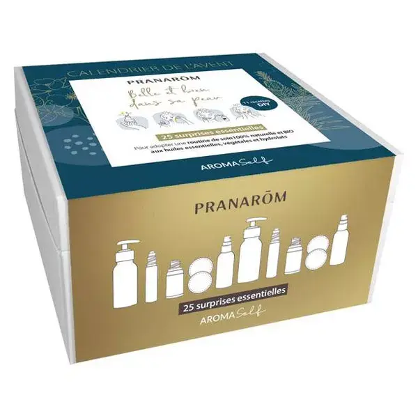 Calendário do Advento Pranarom com 25 produtos: Lavanda Verdadeira, Aloe Vera, Óleo de Rícino, Rosa Damascena