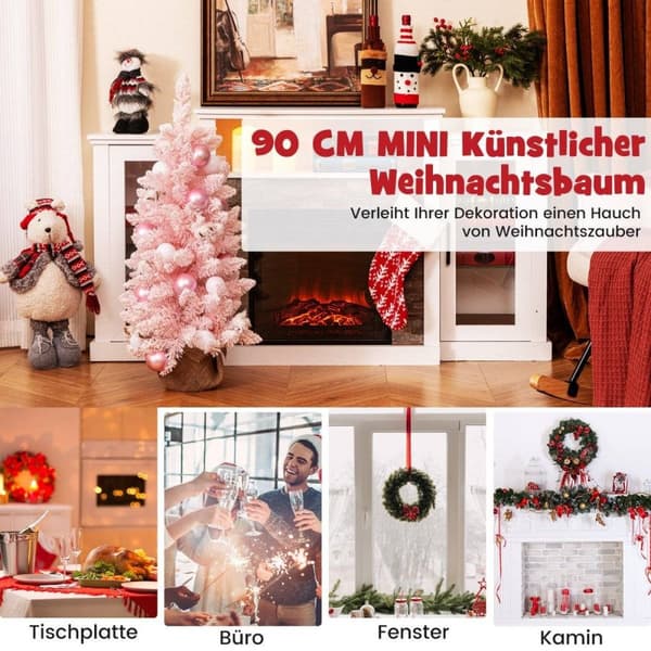 90cm Mini kunstig juletre med snø & Sementbunn juletre Chirstbaum rosa
